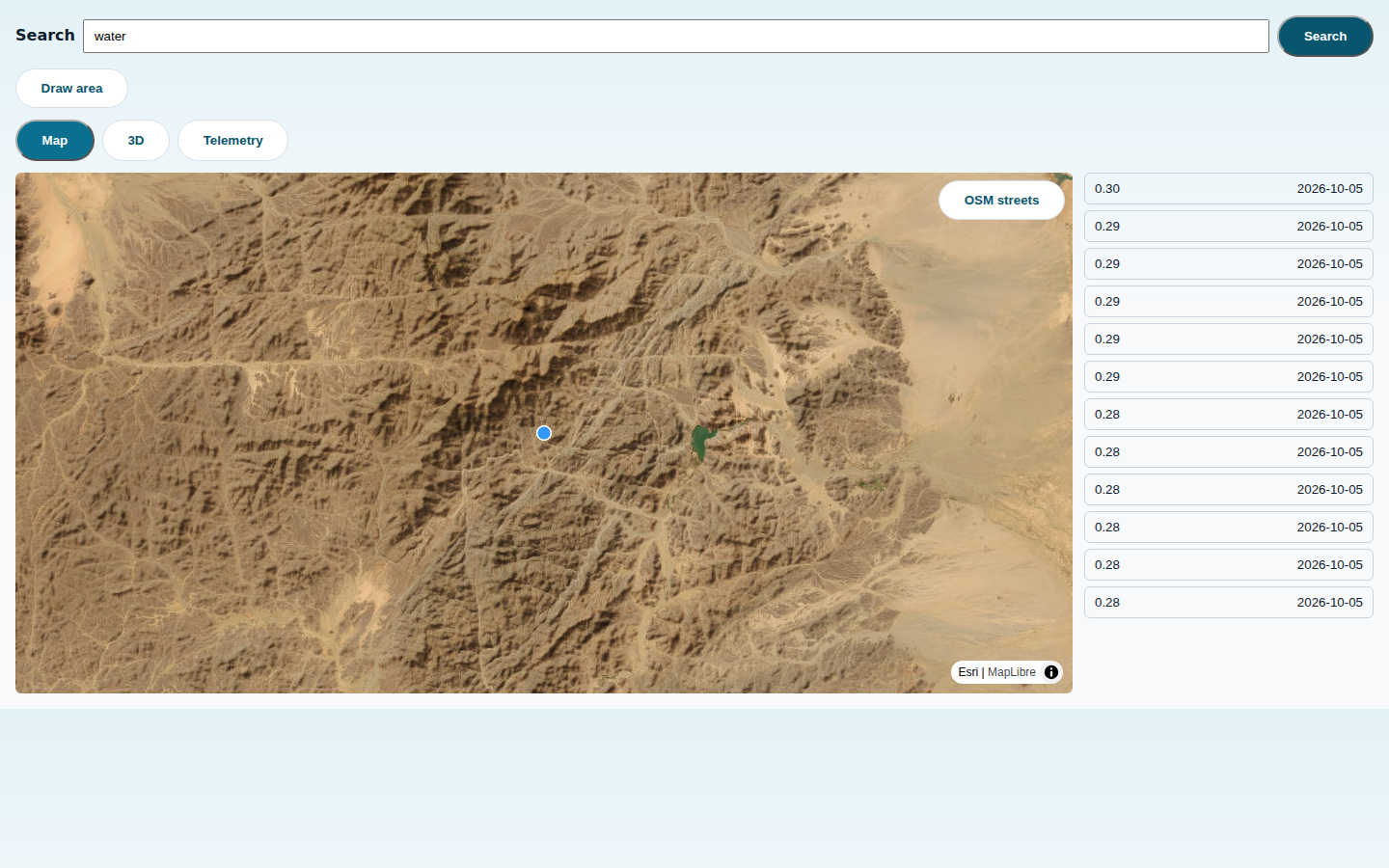 Dashboard after a search: ranked tile results with scores and capture dates beside the satellite basemap of the Red Sea coast